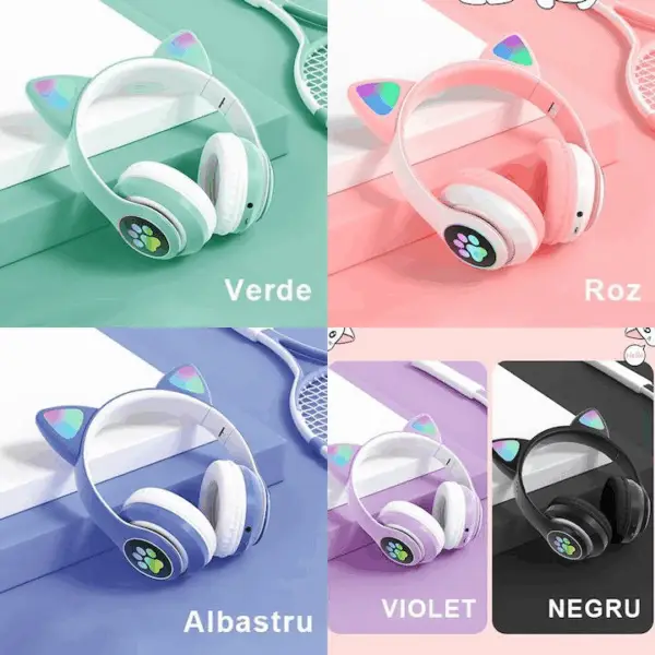 Căști Copii Wireless cu LED și Urechi Pisică – Design Cool, Sunet Clar - imagine 3