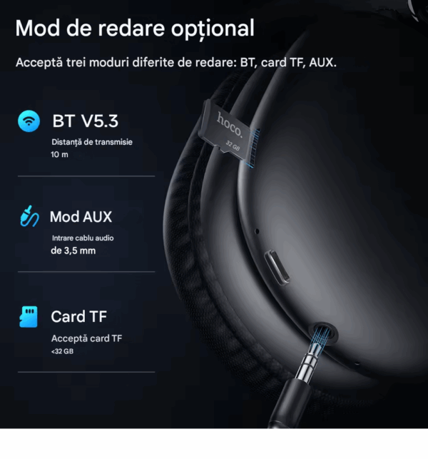 Căști Wireless Bluetooth HOCO W35 Max 🎧 – Sunet Puternic & Design Premium - Black / Negru - imagine 2