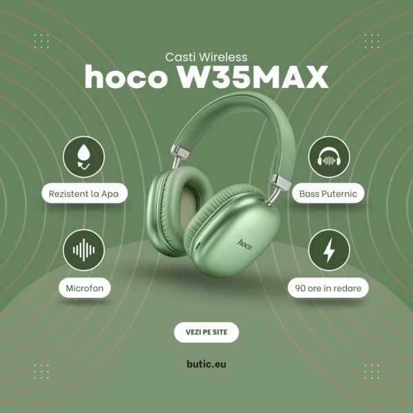 🎧 Căști Wireless HOCO W35MAX Green – Sunet Hi-Fi, Autonomie 90h & Design Premium - imagine 3