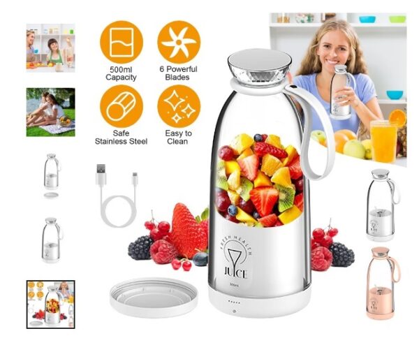 Blender Portabil 350ml – 4 Lame 3D, Reîncărcabil USB, Compact și Silențios, Roz Limonade - imagine 4