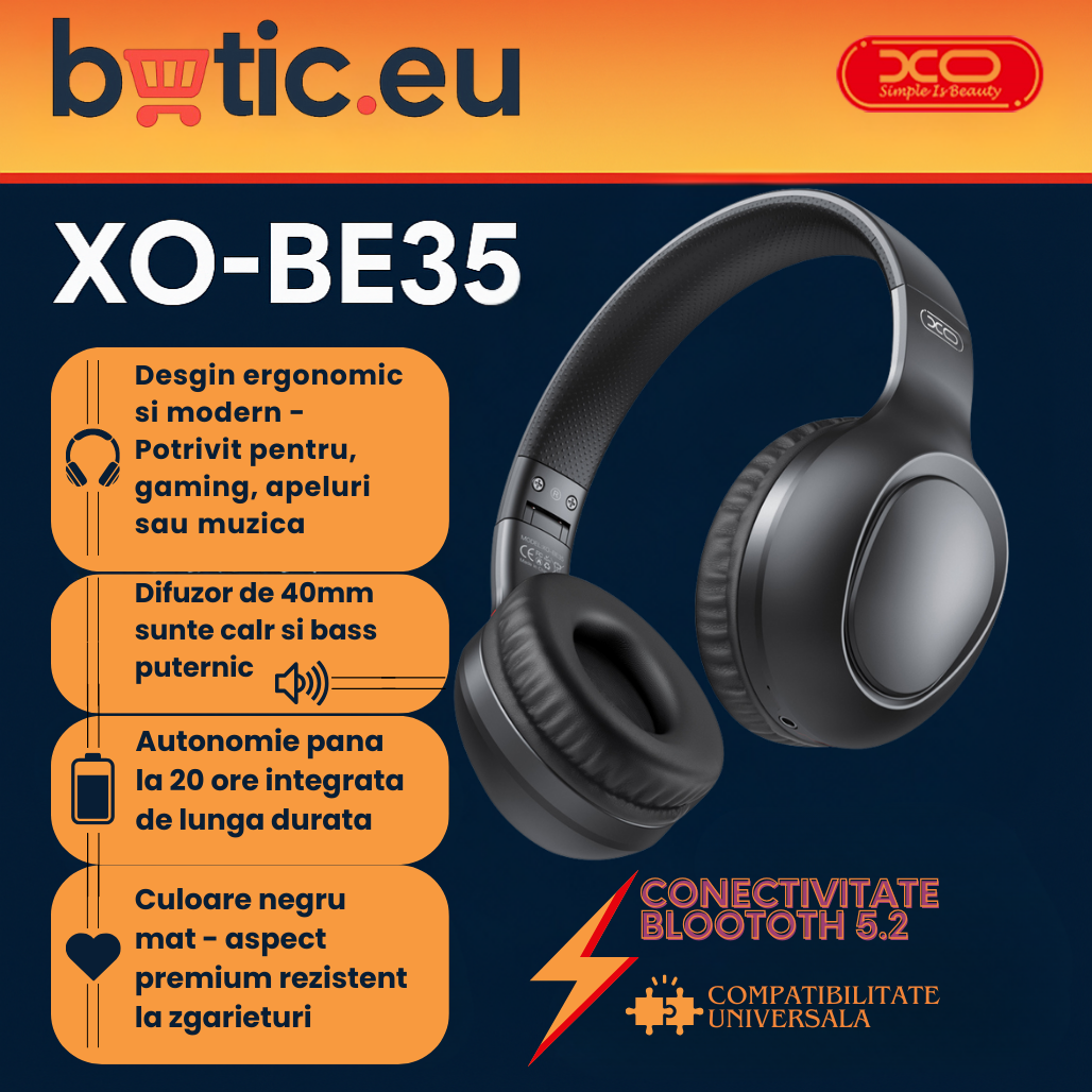 Casti Wireless XO BE35 Over Ear Capacitate 200mAh Bluetooth Autonomie 15 ore Negru1