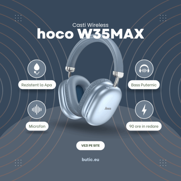 🎧 Căști Wireless HOCO W35MAX Blue – Sunet Hi-Fi, Autonomie 90h & Design Premium - imagine 2