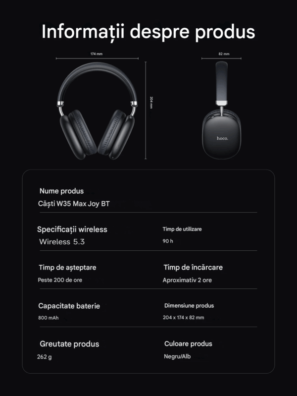 Căști Wireless Bluetooth HOCO W35 Max 🎧 – Sunet Puternic & Design Premium - Black / Negru - imagine 7