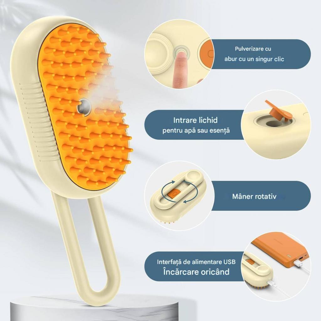 perie cu abur animale Inovație în îngrijirea animalelor – Perie modernă cu abur, încărcare USB și rezultate vizibile.