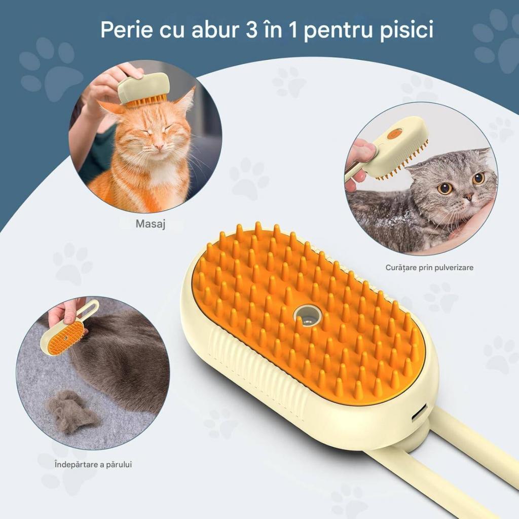 perie cu abur animale 3-în-1 cu abur inteligent – Îndepărtează părul, curăță și masează într-o singură mișcare.