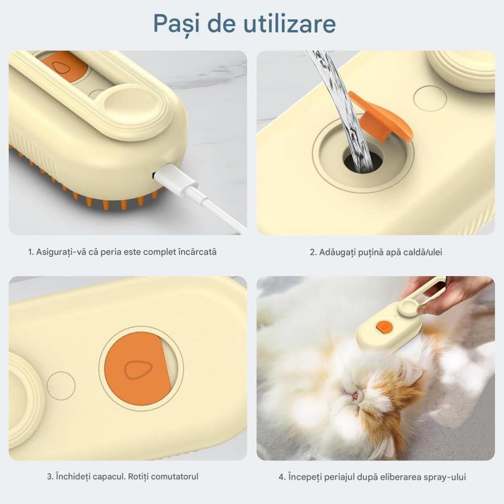 perie cu abur animale Instrucțiuni simple de utilizare – Umple cu apă/esență, apasă butonul și periază.