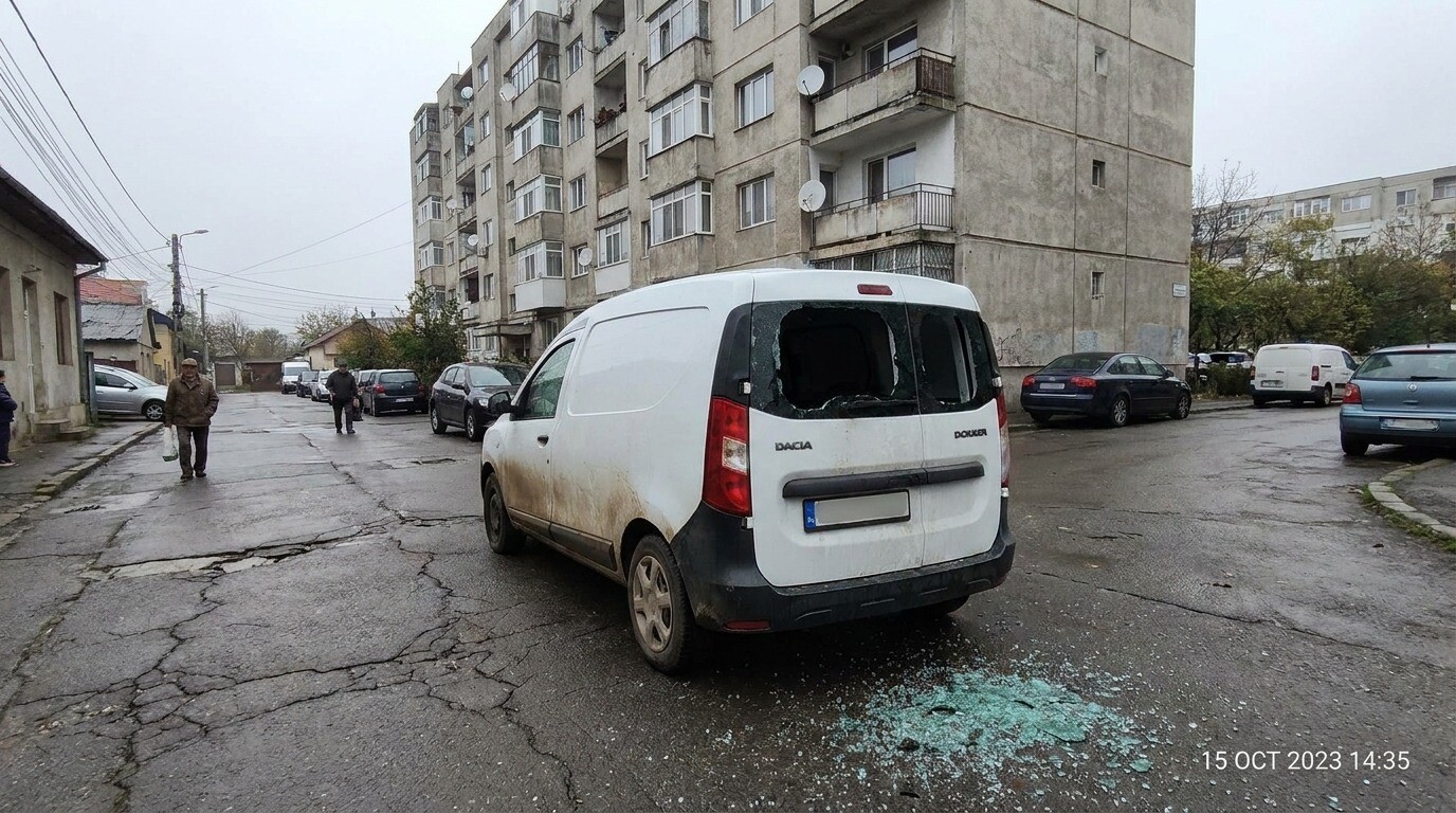 Dubă spartă și ladă de scule lipsă