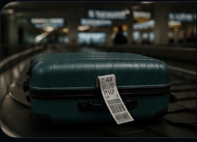 Valiză pe banda de bagaje din aeroport