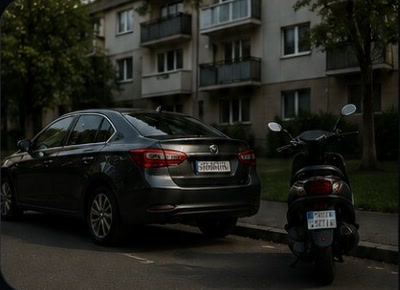Mașină și scuter parcate în fața blocului